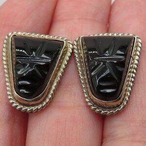 Sterling Silver Vintage Aztec Mayan Warrior Carved Onyx Cufflinks